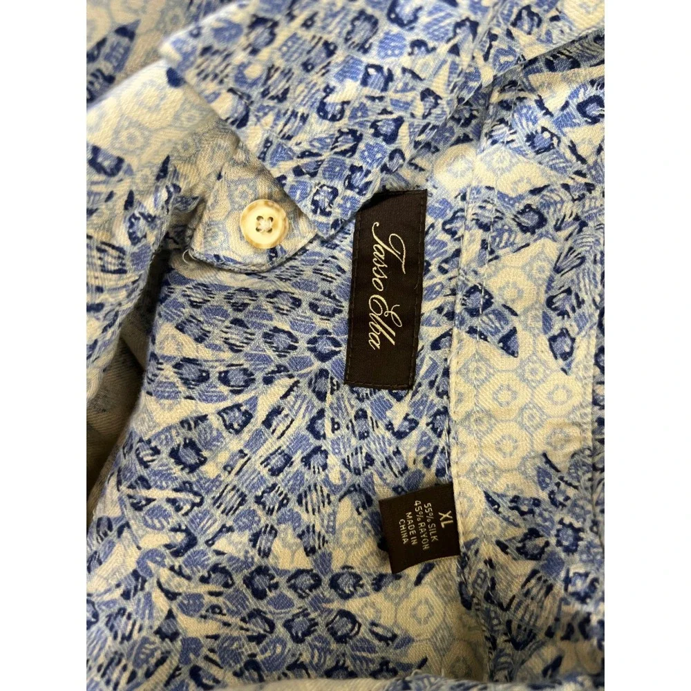 Silk Rayon Blue Floral Print Resort Vacation Short Sleeve Button‎ Down Shirt XL
